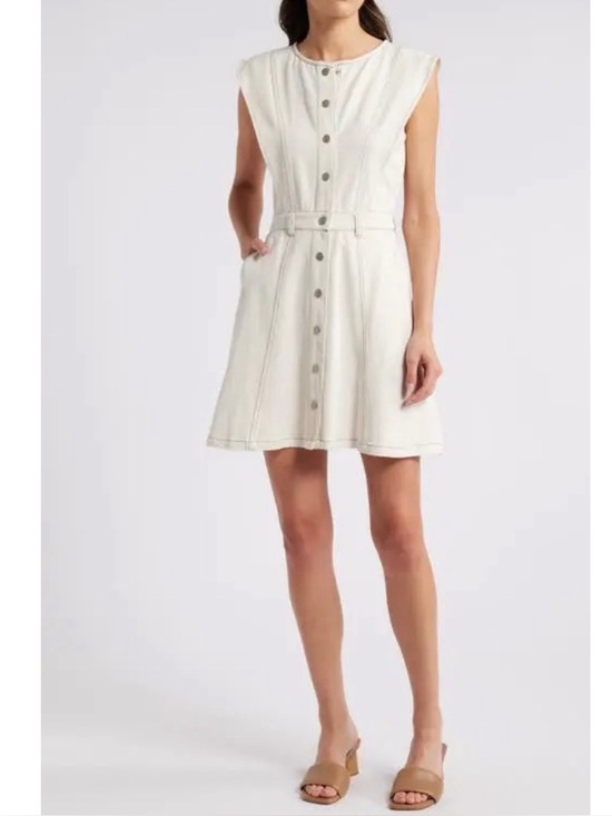 Mila Mae Dresses & Skirts - Mila Mae Beige Cotton Denim Button Front Mini Dress Cream Sleeveless Size S